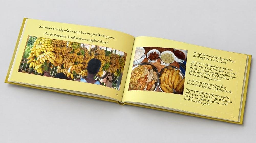 Bunches & Bunches, open to a spread about banana bunches at market and Rwandan banana dishes