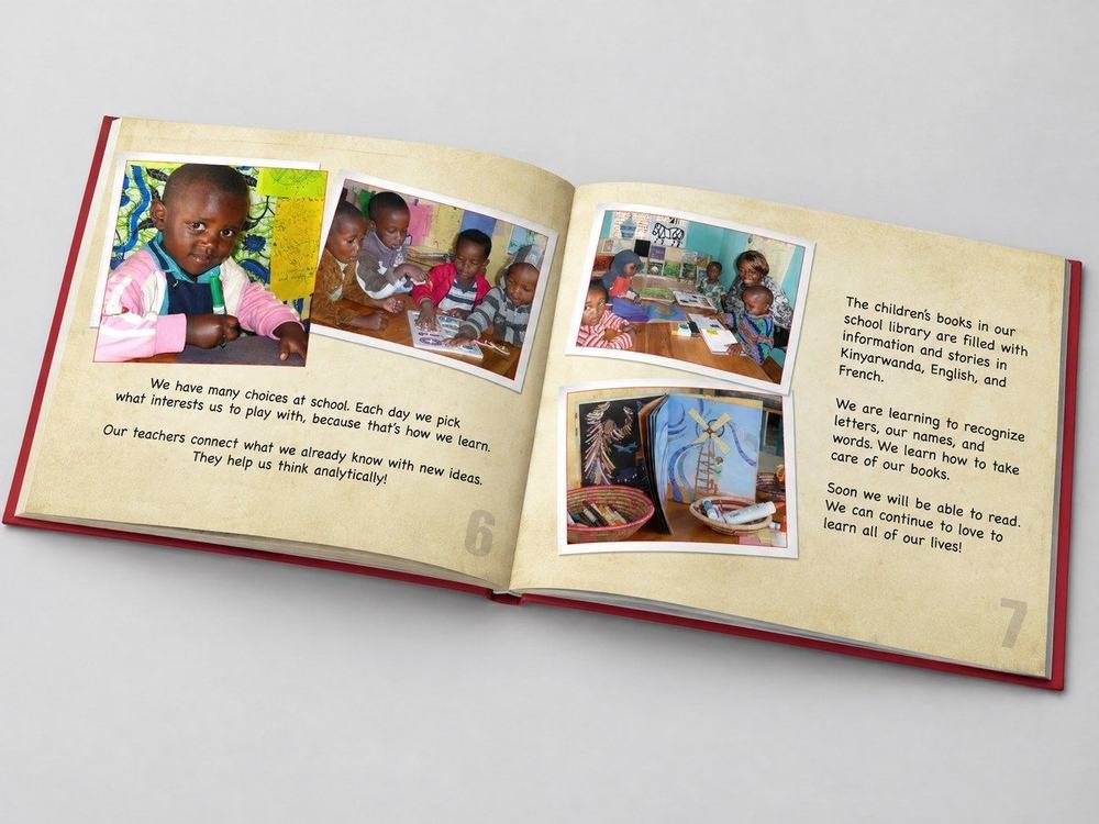 Murakaza Neza!, open to a spread showing children's book choices and the school library