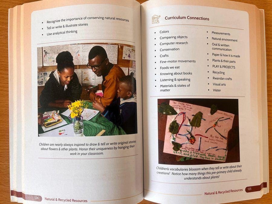 Natural & Recycled Resources, open to a spread on curriculum connections, showing a teacher and children examining natural materials and a child's handmade nature craft