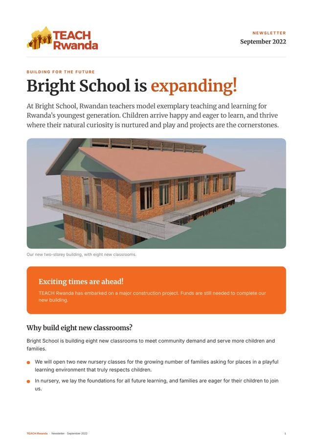 Cover of the September 2022 newsletter: Drawing of the new two-storey Bright School building