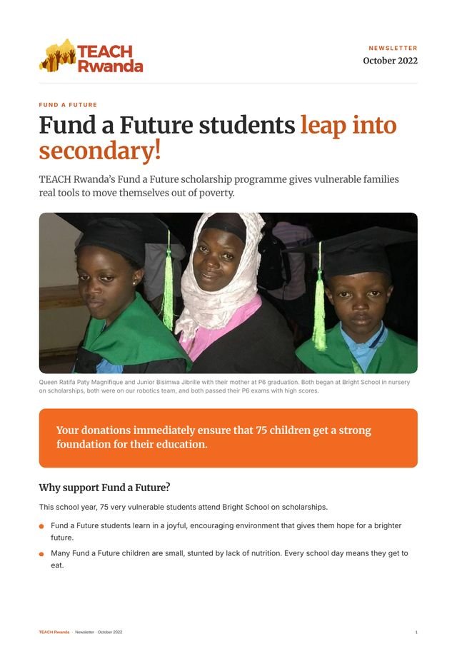 Cover of the October 2022 newsletter: Two Fund a Future graduates with their mother at P6 graduation