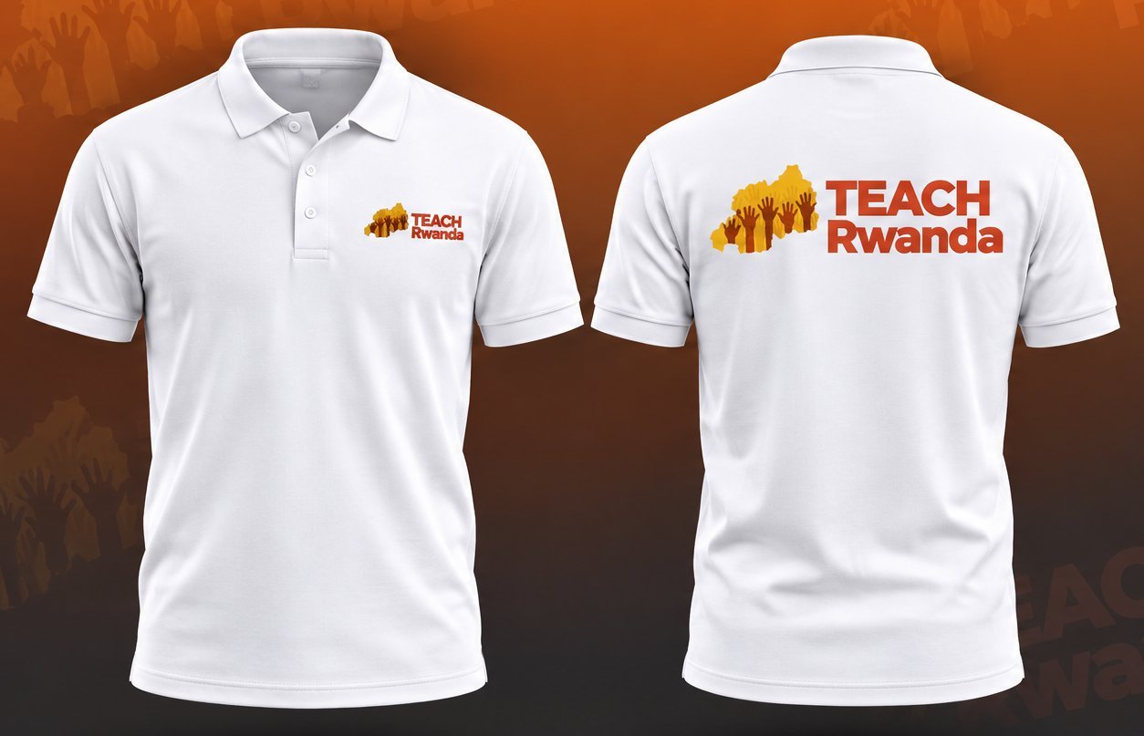 TEACH Rwanda polo shirt, white, front and back
